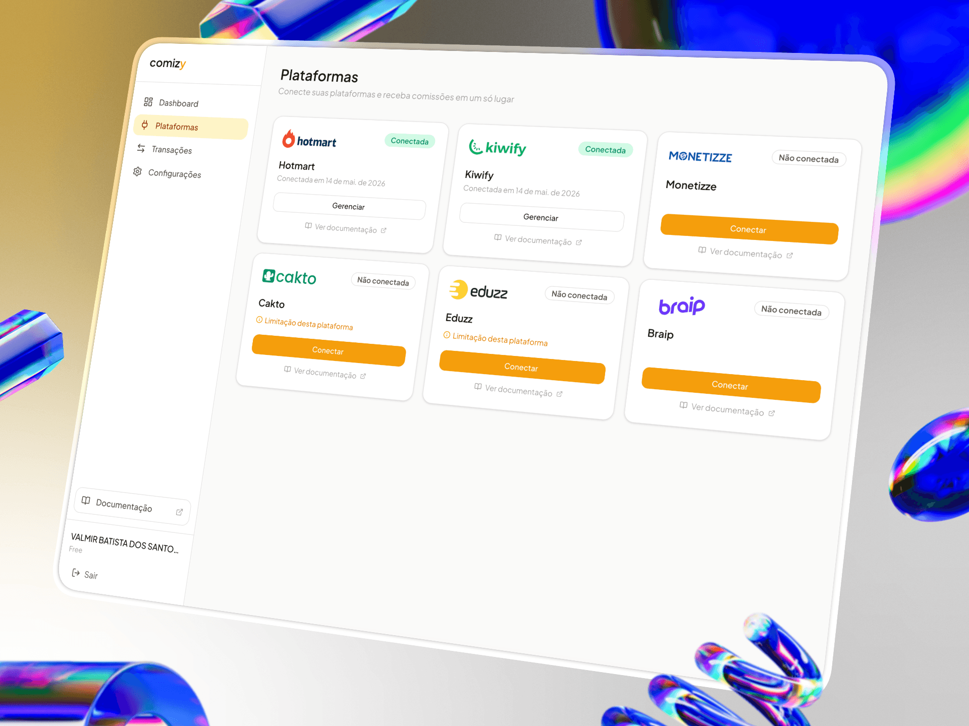 Print do dashboard Comizy com comissões unificadas das principais plataformas de afiliado